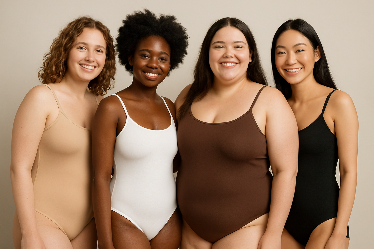 images-de-4-diff-rentes-types-et-origine-de-femmes-differentes-tailes-de-corps-en-bodysuit-de-differentes-couleurs-beige-blanc-marron-noir-avec-manches-tres-fines-sans-courbe-ou-marque-au-niveau-de-la-poitrine qui sourient